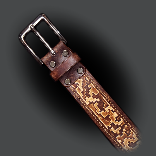Brown leather belt with a silver buckle, decorated with a digital camouflage pattern.