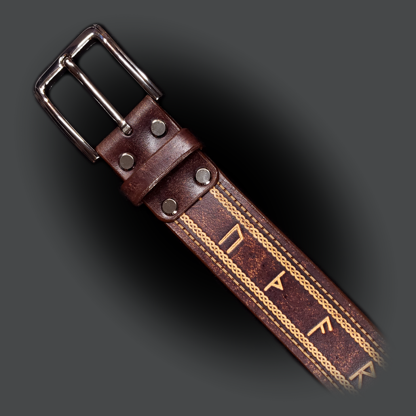 Brown leather belt with a silver buckle, decorated with a Celtic knot pattern and Norse runes.