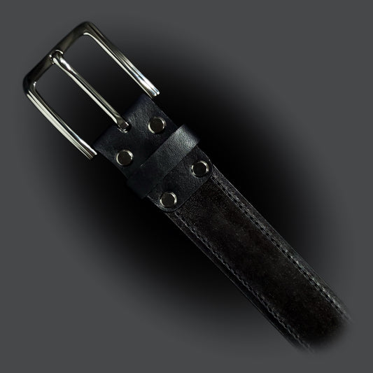 Black leather belt with black stitching and a gun metal buckle.