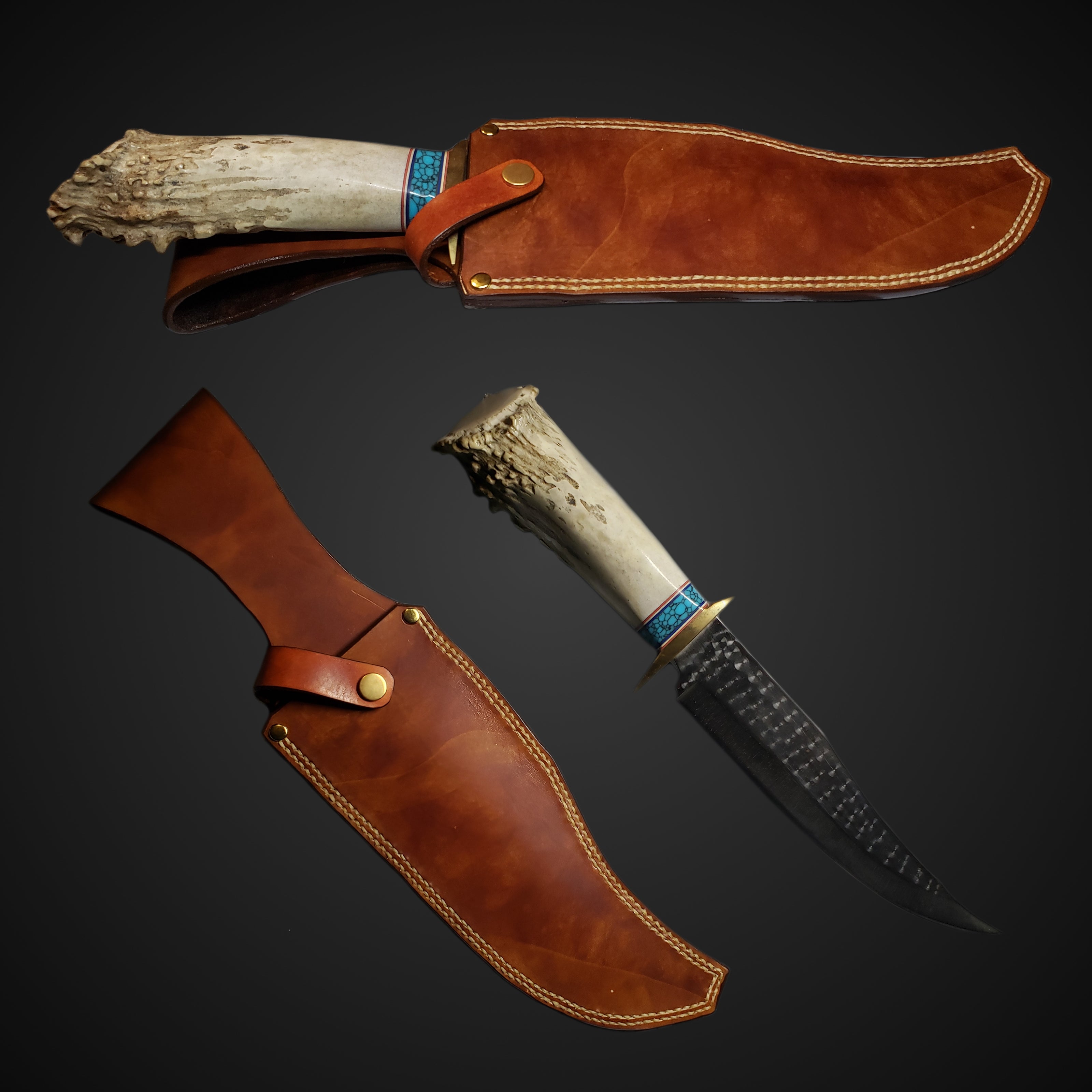A decorative blade with a bone handle and a smooth brown leather sheath
