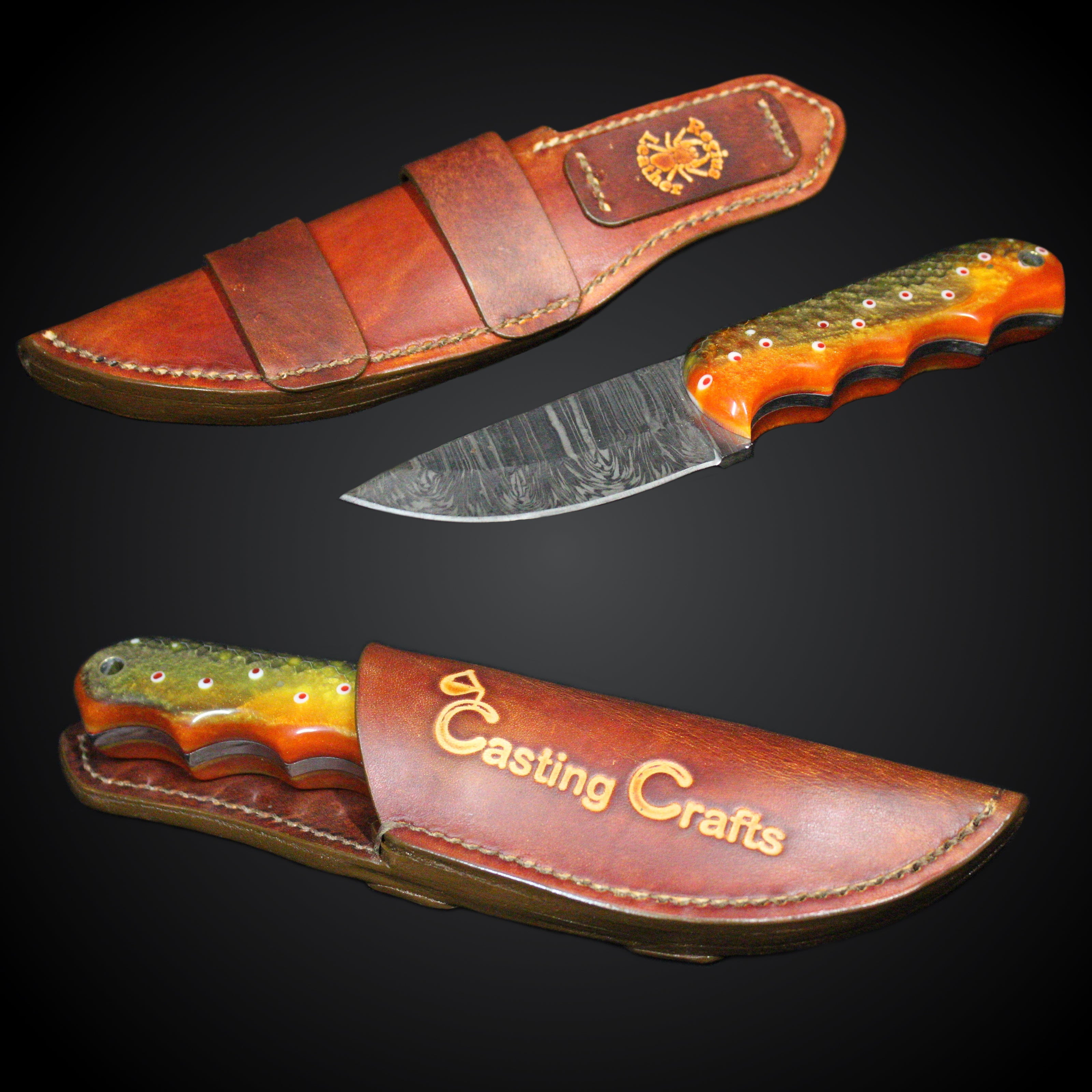 Knife with decorative handle and leather sheath on a dark background, featuring 'Casting Crafts' branding.