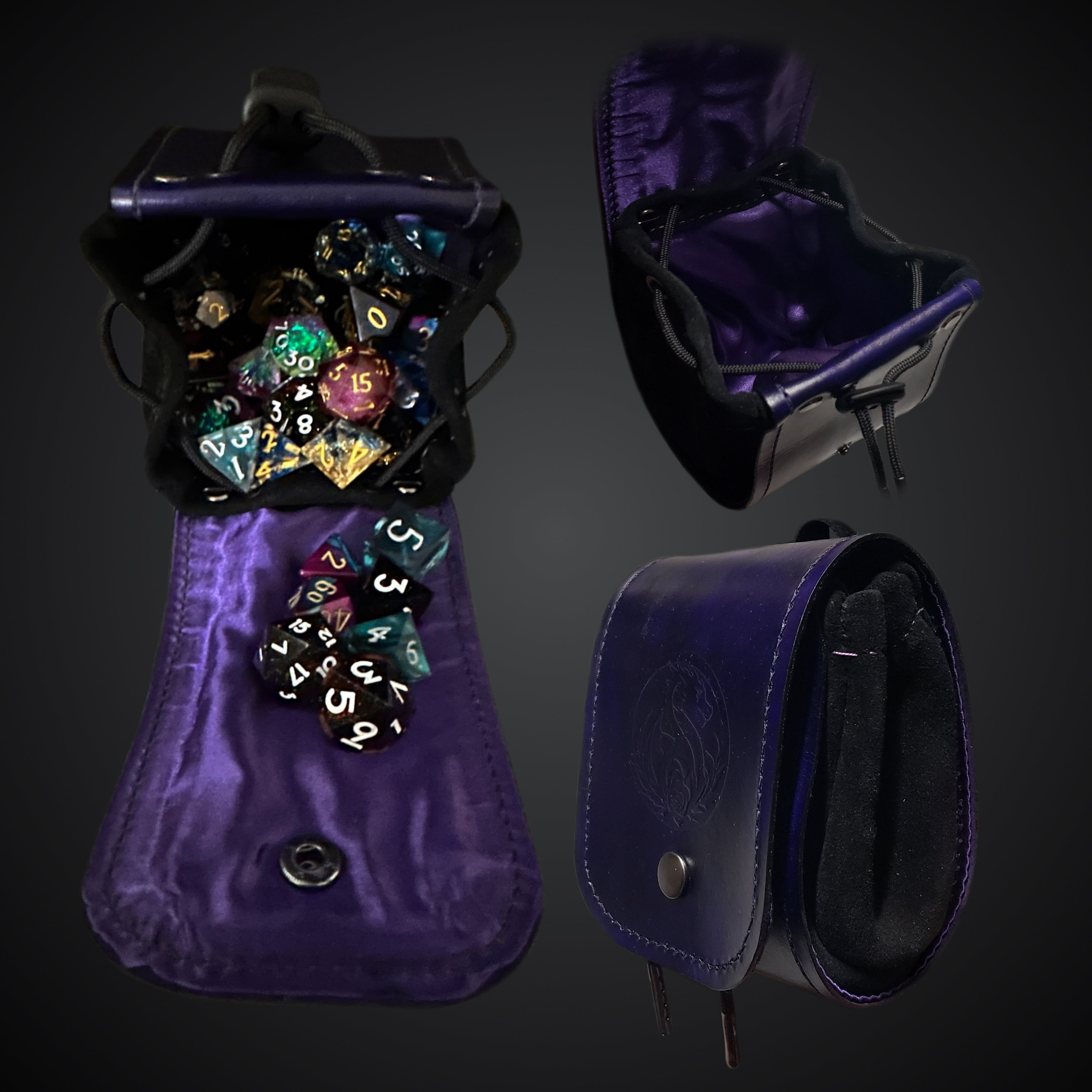 Black and purple drawstring dice bag with a fold over top and purple satin interior.