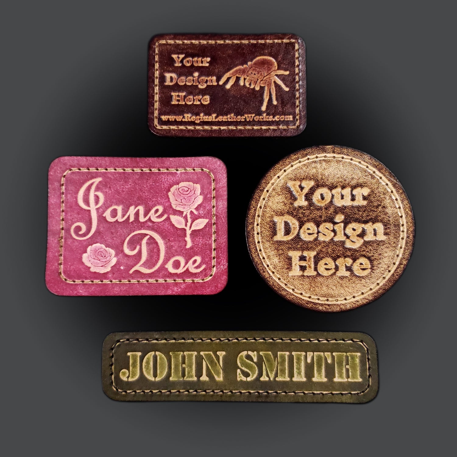 Four customized leather velcro patches with different images, text, and color.