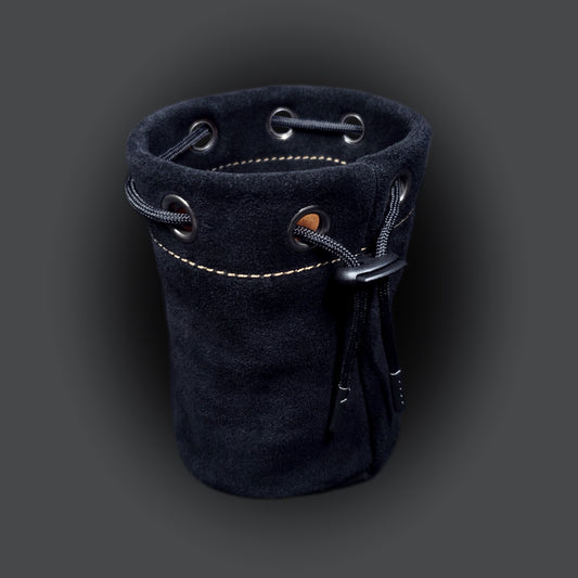 Black suede leather pouch with a brown satin interior and black drawstring.