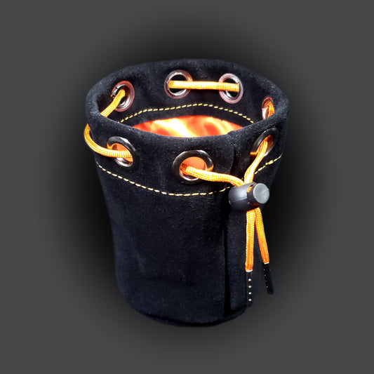 Black suede leather pouch with a orange satin interior and orange drawstring.