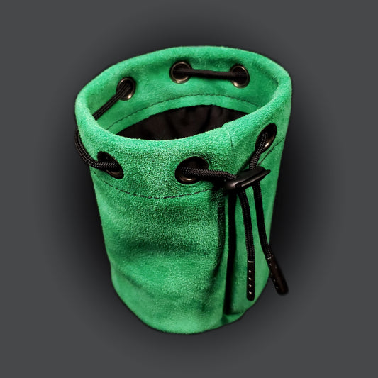 Green suede leather pouch with a black fabric interior and black drawstring.