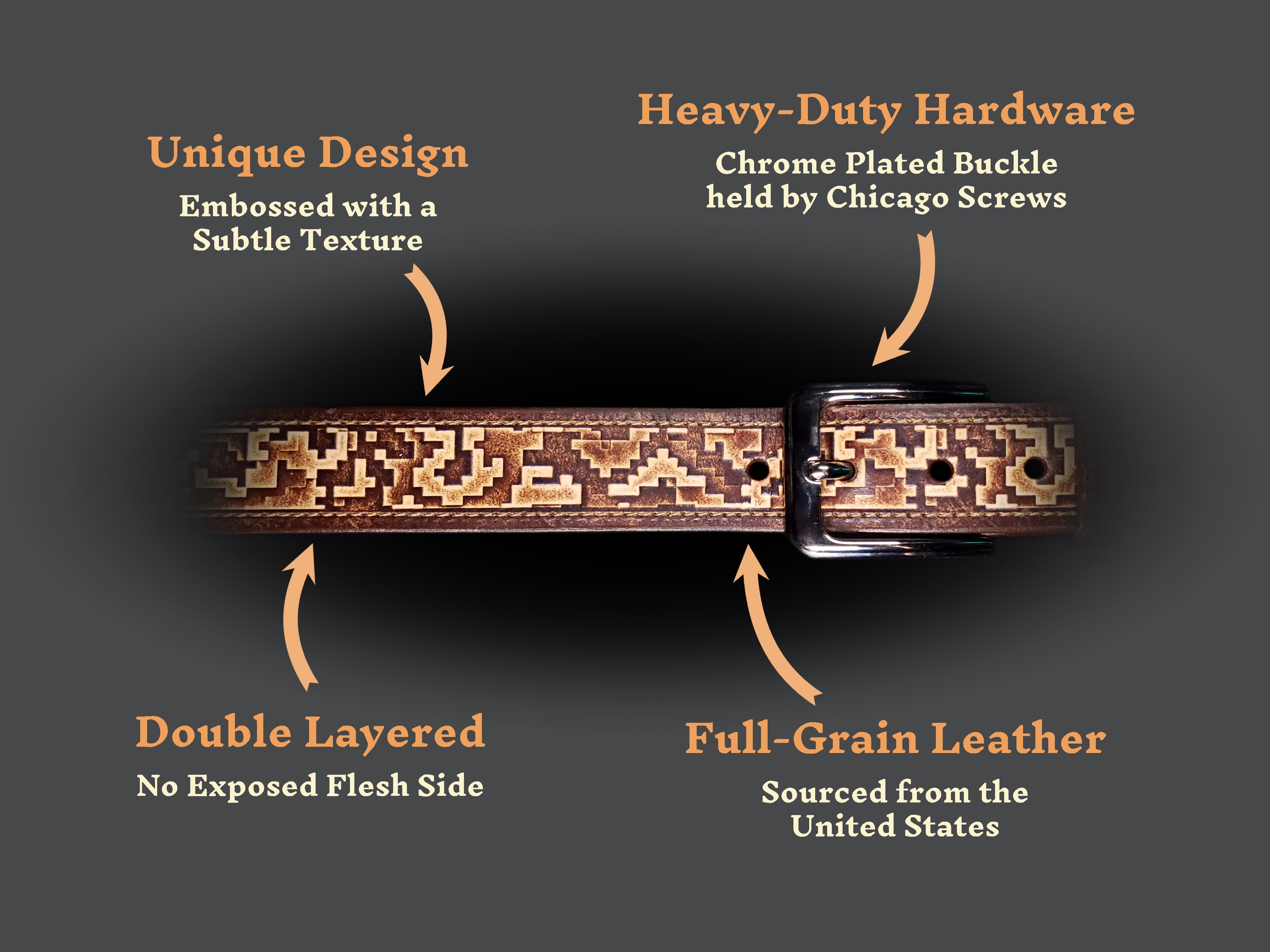 Brown leather belt with a digital camouflage pattern and text highlighting features of material and quality.