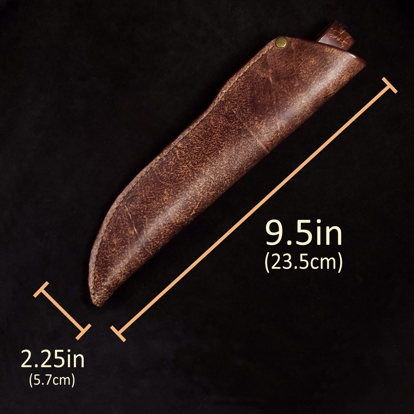 Brown leather knife sheath on a black background with graphics showing a nine inch length and two inch width.