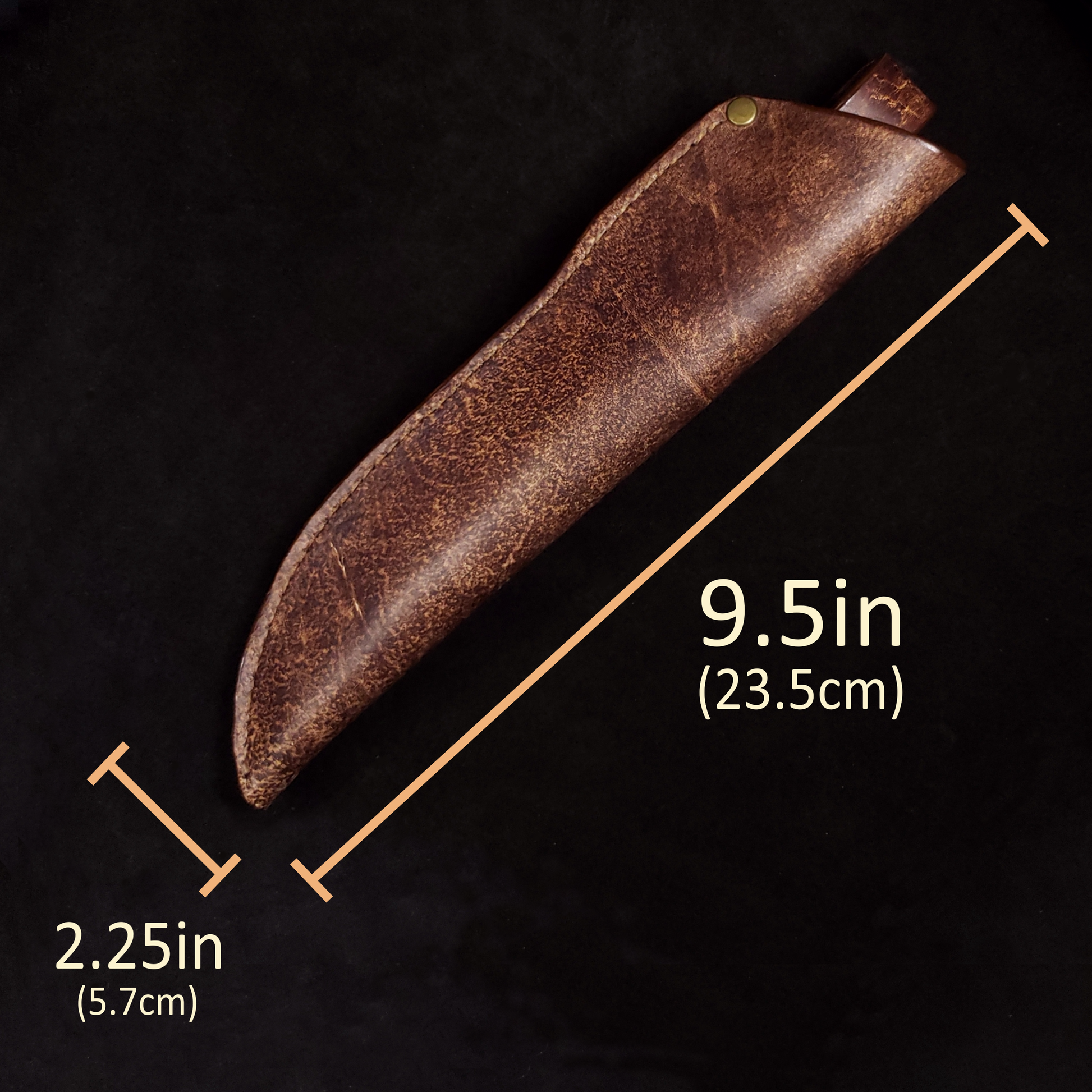 Brown leather knife sheath on a black background with graphics showing a nine inch length and two inch width.