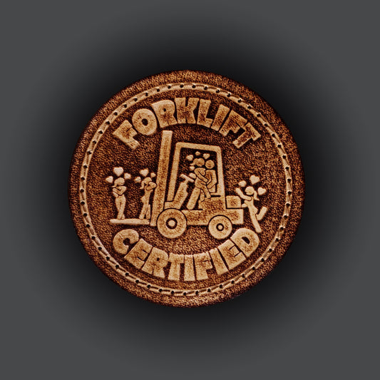Brown leather velcro patch embossed with a funny graphic of a forklift and text that says "Forklift certified".