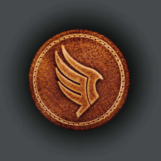 Brown leather velcro patch embossed with a wing symbol from the Mass Effect franchise.