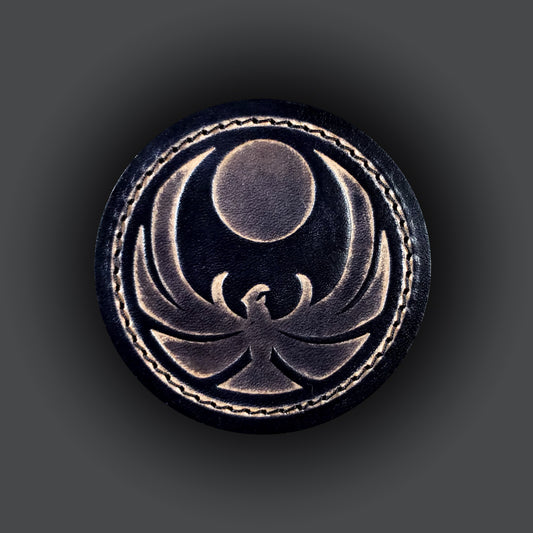 Black leather velcro patch embossed with the Skyrim nightingale symbol from the Elder Scrolls franchise.