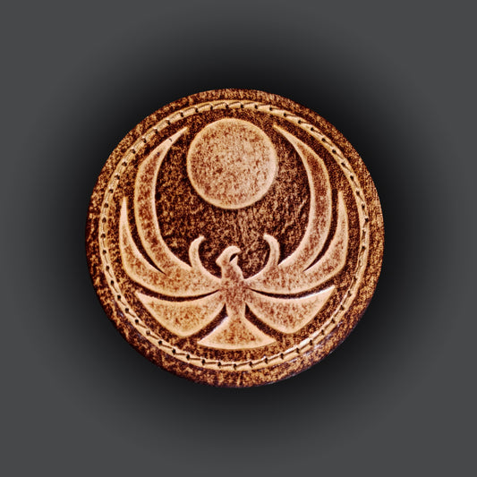 Brown leather velcro patch embossed with the Skyrim nightingale symbol from the Elder Scrolls franchise.