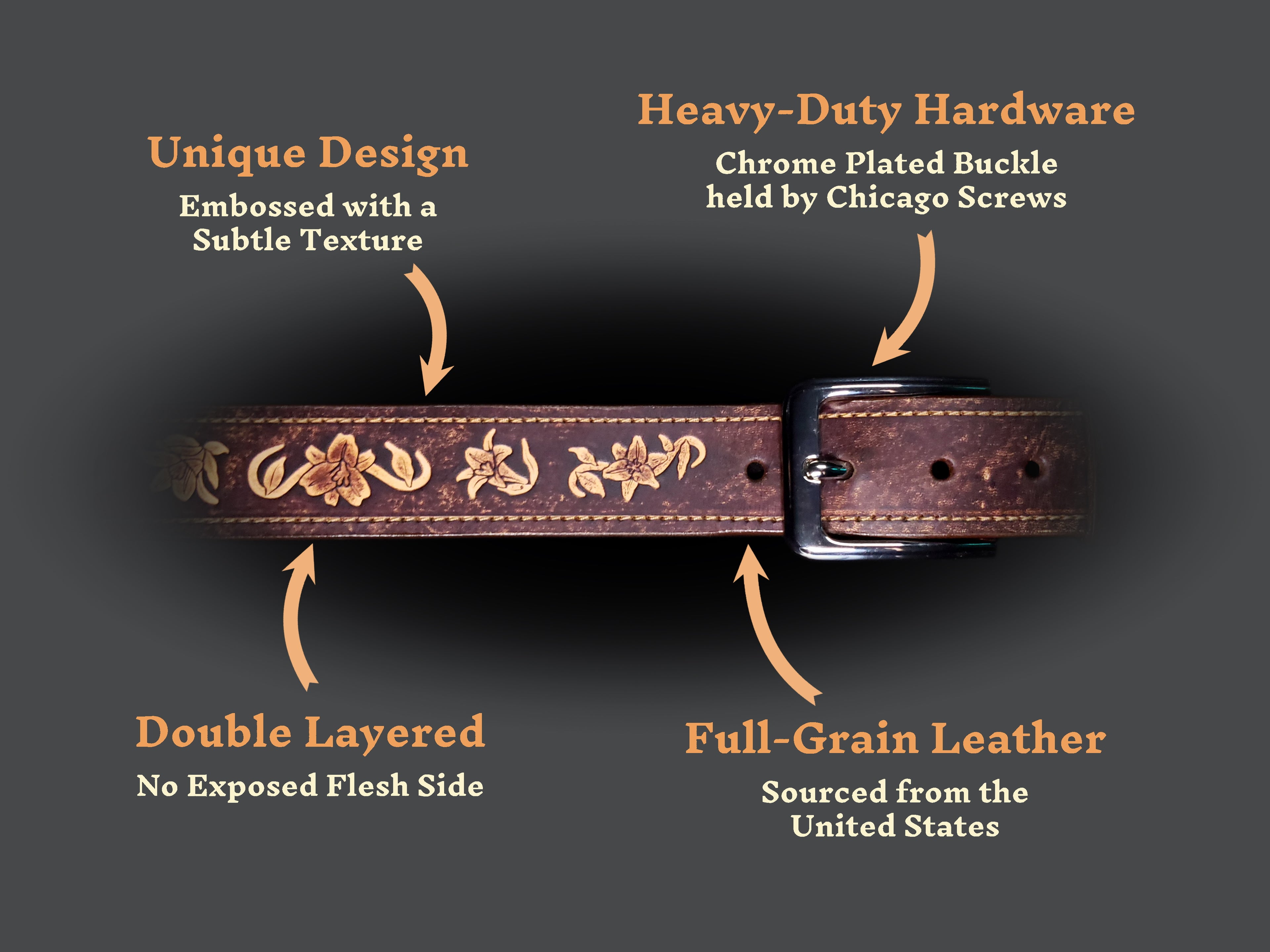 Brown leather belt with a floral lily pattern and text highlighting features of material and quality.