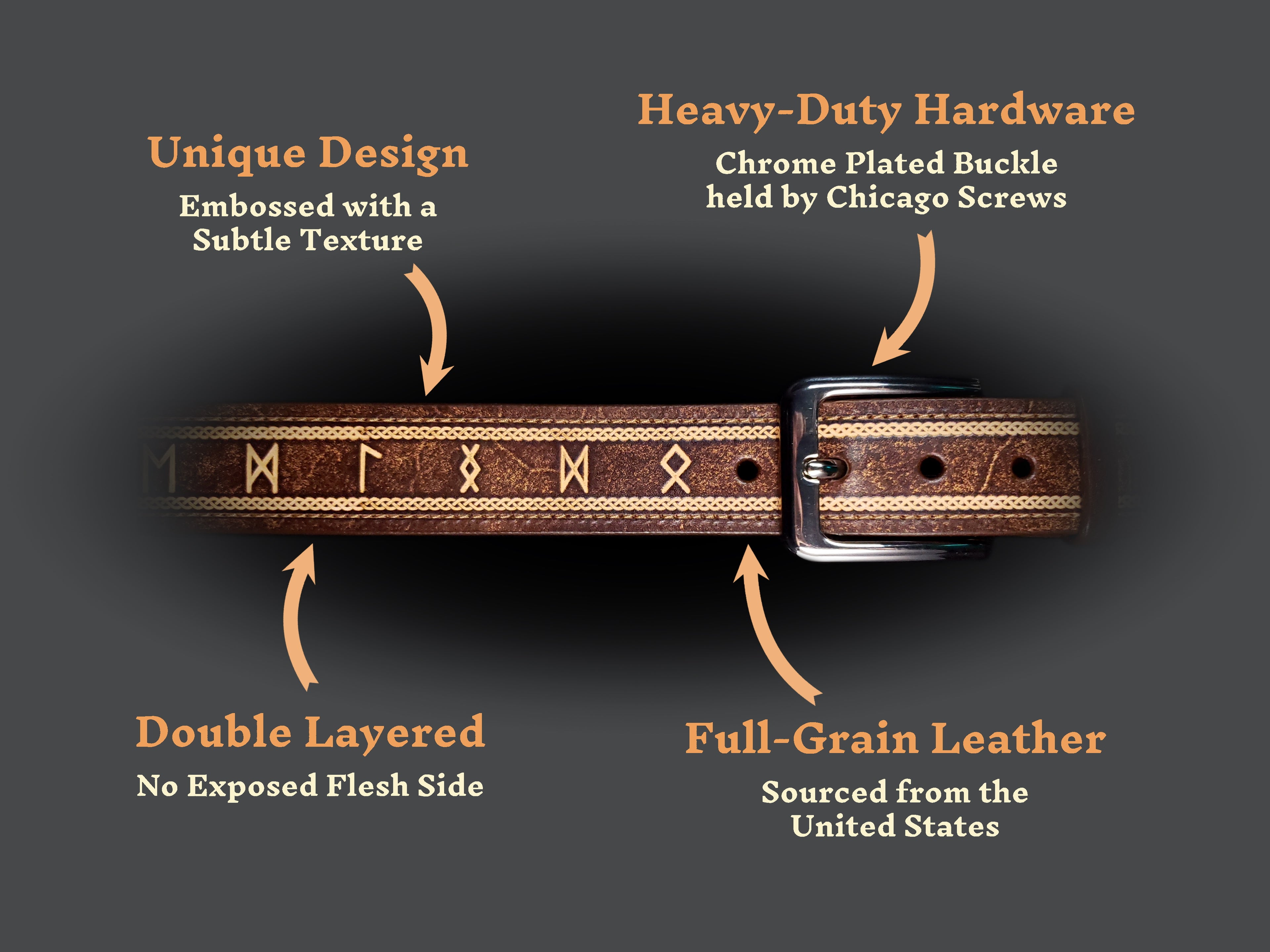 Brown leather belt with a celtic knot and norse rune pattern and text highlighting features of material and quality.
