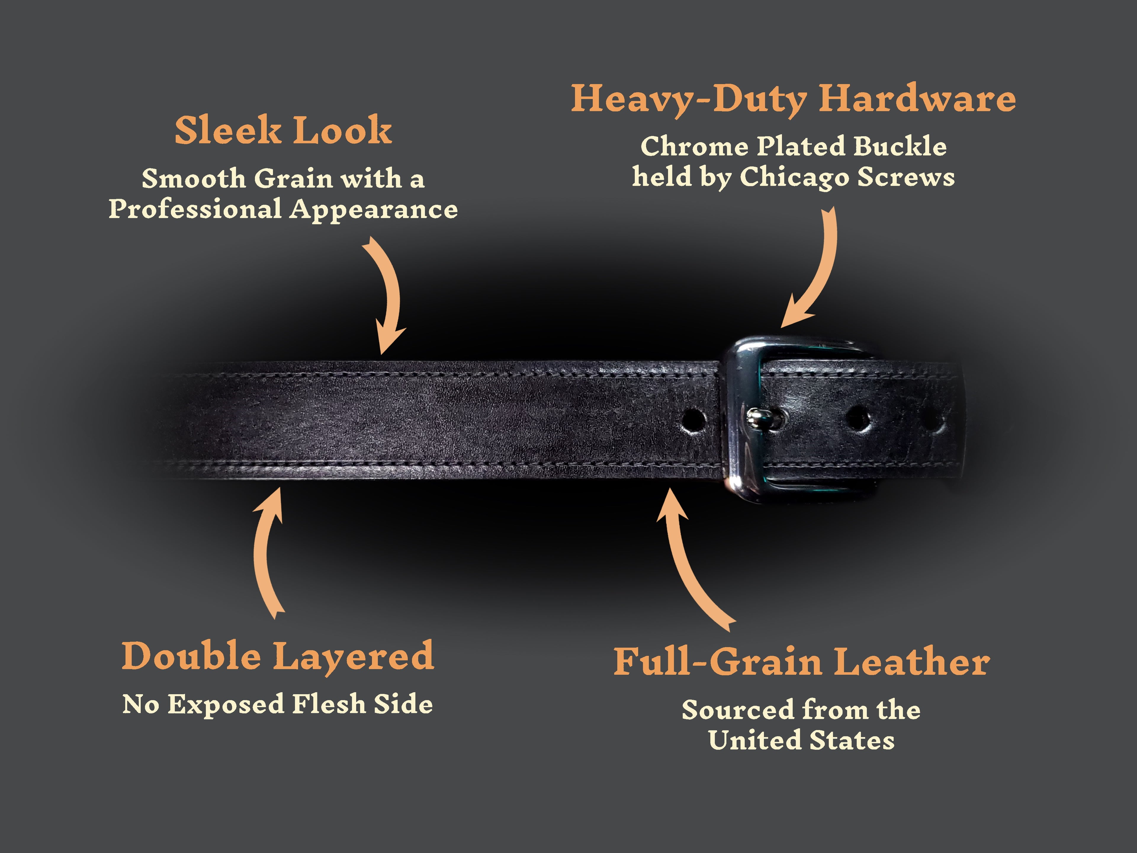 Black leather belt with a gun metal buckle and text highlighting features of material and quality.