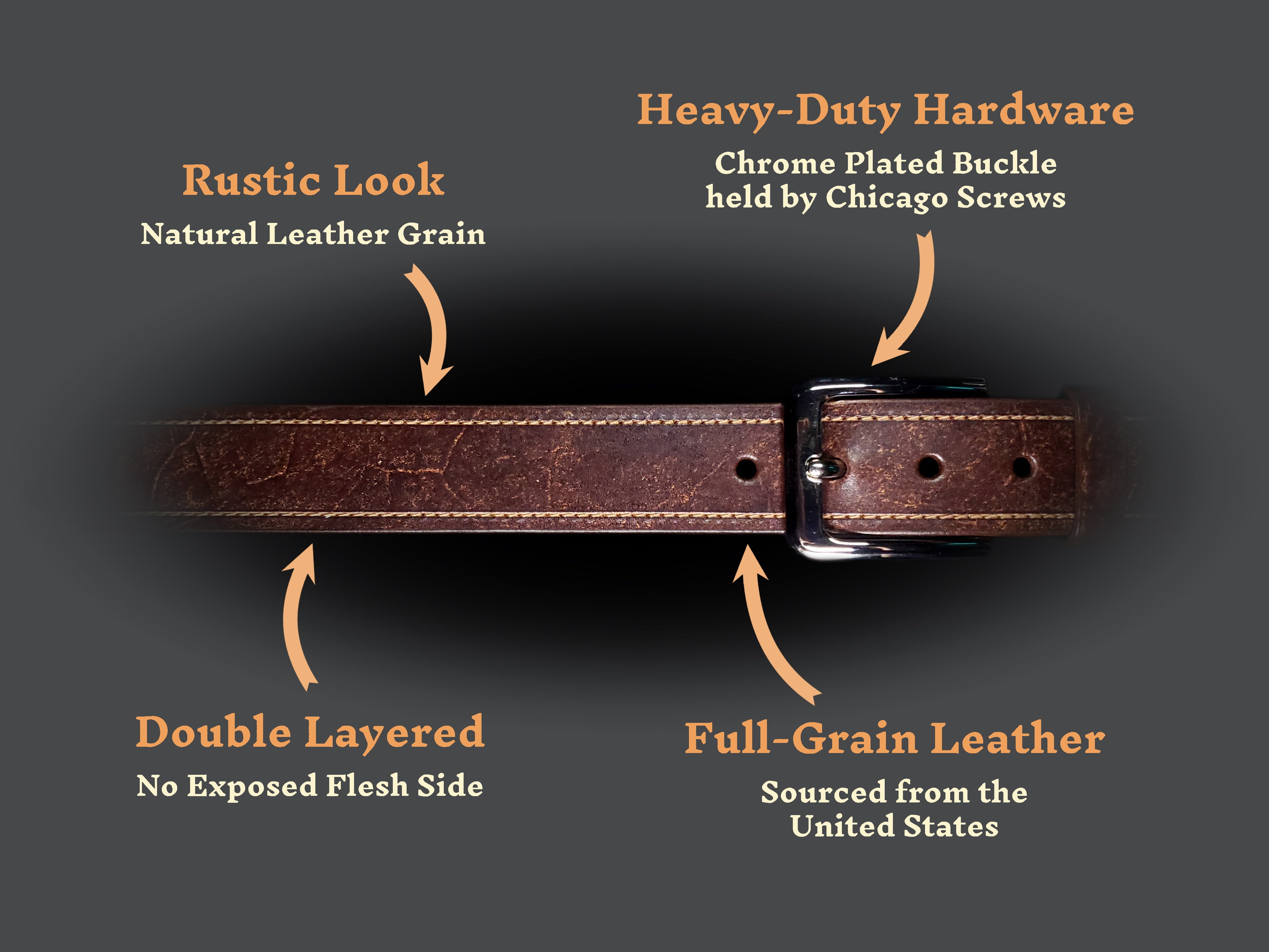 Brown leather belt with a silver buckle and text highlighting features of material and quality.
