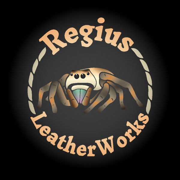 A logo of an orange and tan jumping spider wrapped in decorative stitching and text that says "Regius Leather Works".