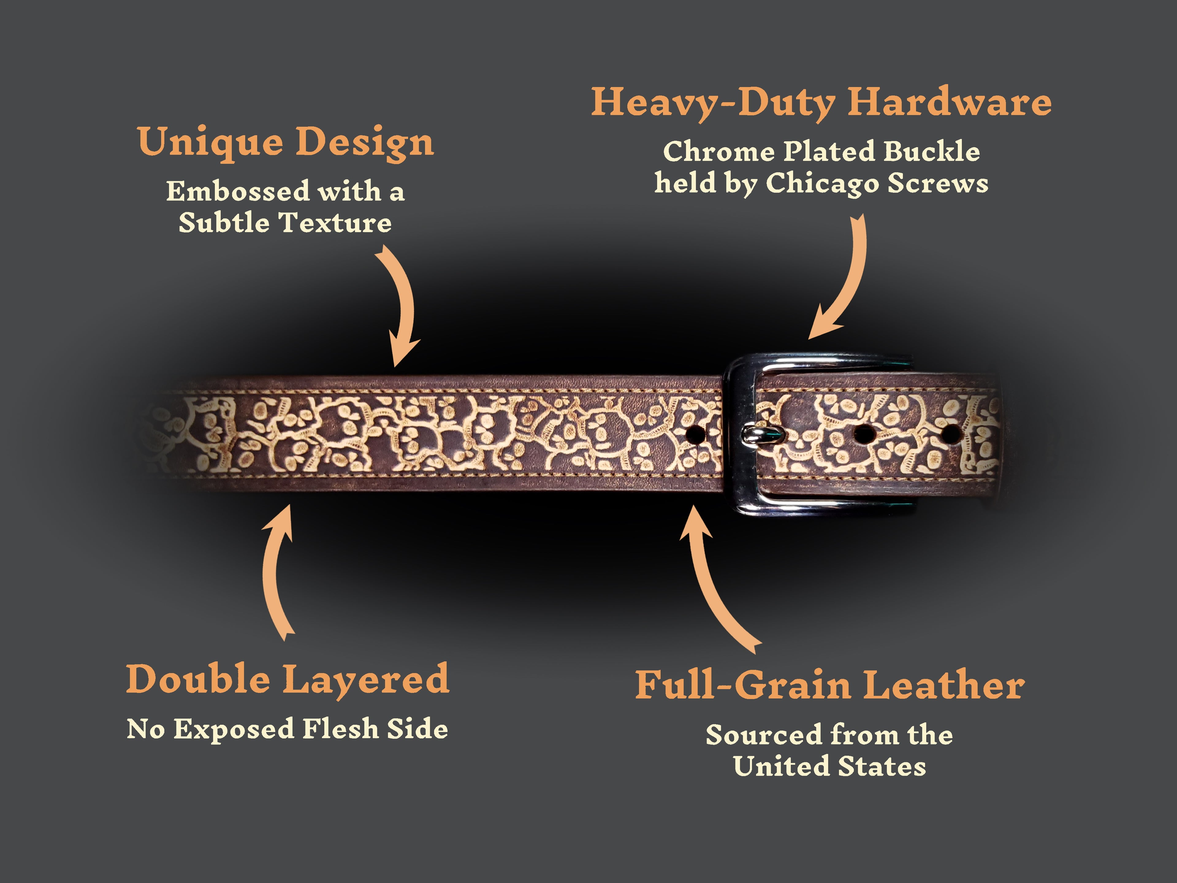 Brown leather belt with a skull pattern and text highlighting features of material and quality.